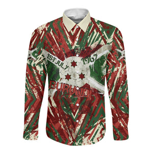 Burundi Independence Day Long Sleeve Button Shirt 1st July 1962 Distressed Grunge Flag Art - Broken Chains And Freedom Star