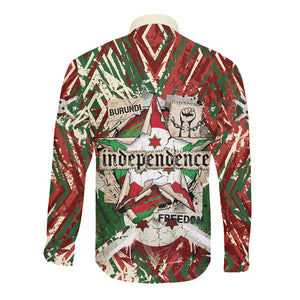 Burundi Independence Day Long Sleeve Button Shirt 1st July 1962 Distressed Grunge Flag Art - Broken Chains And Freedom Star