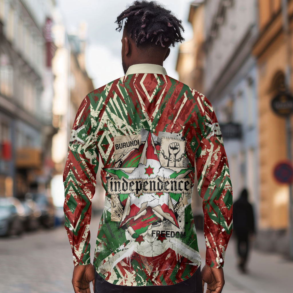 Burundi Independence Day Long Sleeve Button Shirt 1st July 1962 Distressed Grunge Flag Art - Broken Chains And Freedom Star