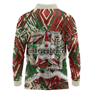 Burundi Independence Day Long Sleeve Polo Shirt 1st July 1962 Distressed Grunge Flag Art - Broken Chains And Freedom Star