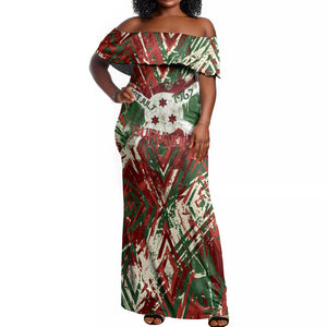 Burundi Independence Day Off Shoulder Maxi Dress 1st July 1962 Distressed Grunge Flag Art - Broken Chains And Freedom Star