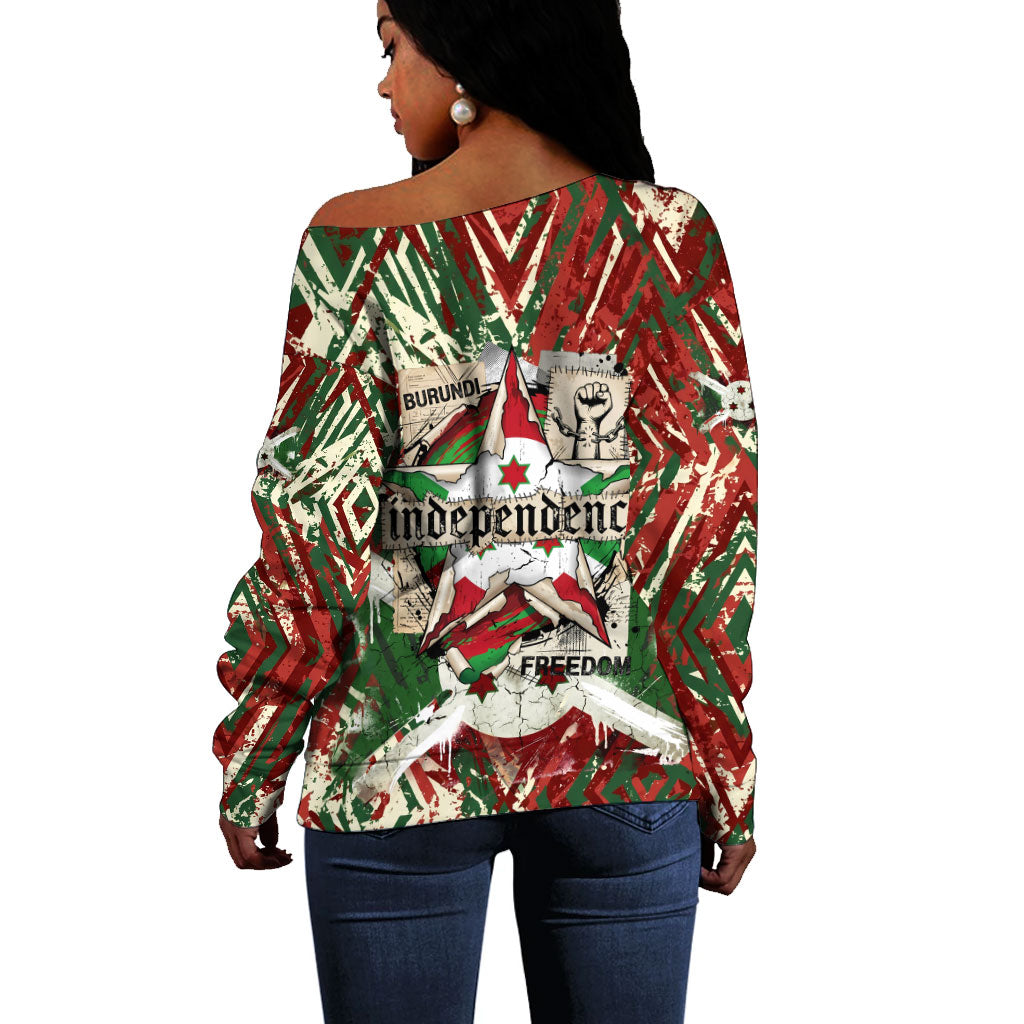 Burundi Independence Day Off Shoulder Sweater 1st July 1962 Distressed Grunge Flag Art - Broken Chains And Freedom Star
