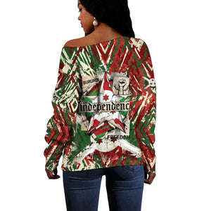 Burundi Independence Day Off Shoulder Sweater 1st July 1962 Distressed Grunge Flag Art - Broken Chains And Freedom Star