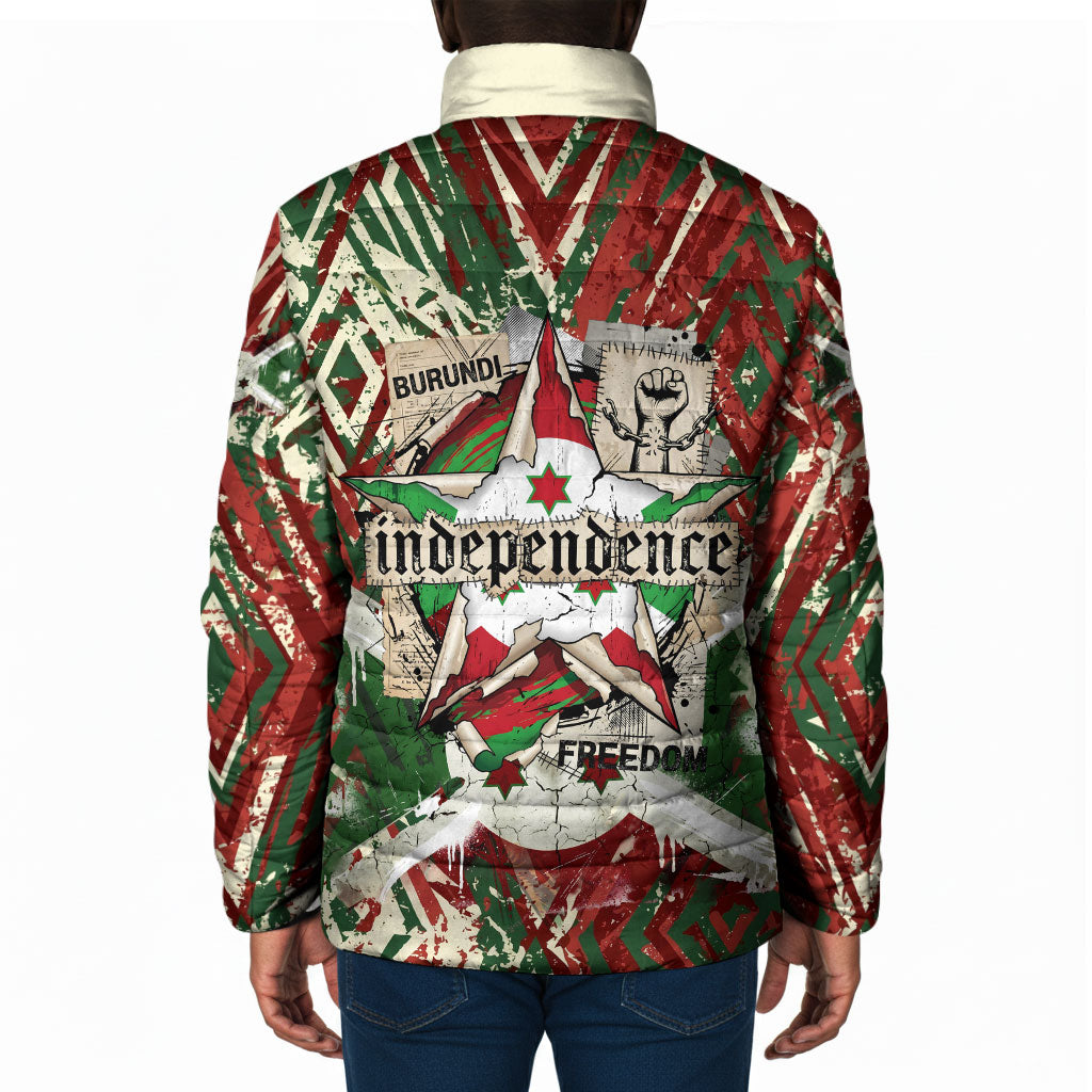Burundi Independence Day Padded Jacket 1st July 1962 Distressed Grunge Flag Art - Broken Chains And Freedom Star