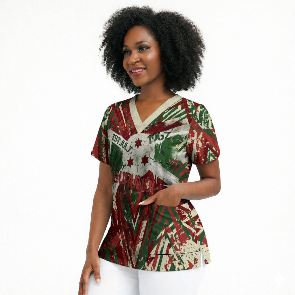 Burundi Independence Day Scrub Top 1st July 1962 Distressed Grunge Flag Art - Broken Chains And Freedom Star