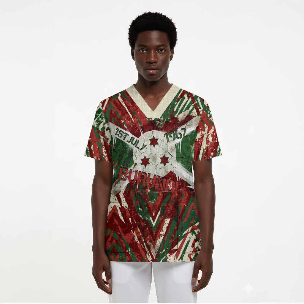 Burundi Independence Day Scrub Top 1st July 1962 Distressed Grunge Flag Art - Broken Chains And Freedom Star