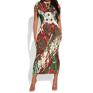 Burundi Independence Day Short Sleeve Bodycon Dress 1st July 1962 Distressed Grunge Flag Art - Broken Chains And Freedom Star