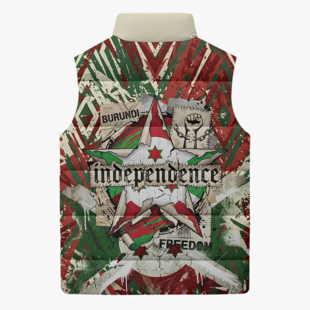 Burundi Independence Day Sleeveless Puffer Jacket 1st July 1962 Distressed Grunge Flag Art - Broken Chains And Freedom Star