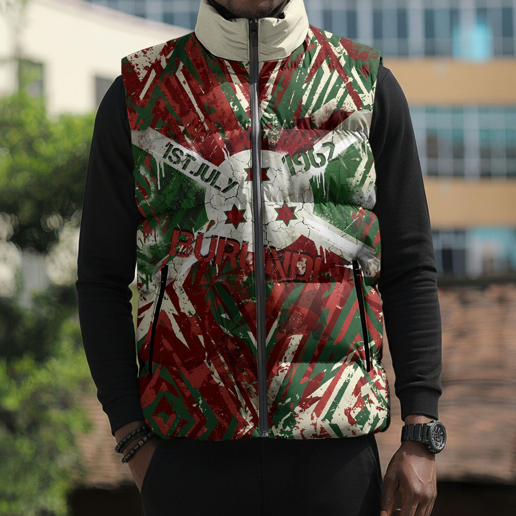Burundi Independence Day Sleeveless Puffer Jacket 1st July 1962 Distressed Grunge Flag Art - Broken Chains And Freedom Star