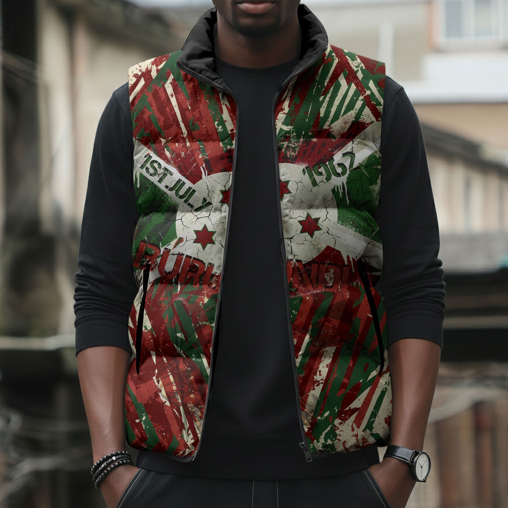 Burundi Independence Day Sleeveless Puffer Jacket 1st July 1962 Distressed Grunge Flag Art - Broken Chains And Freedom Star