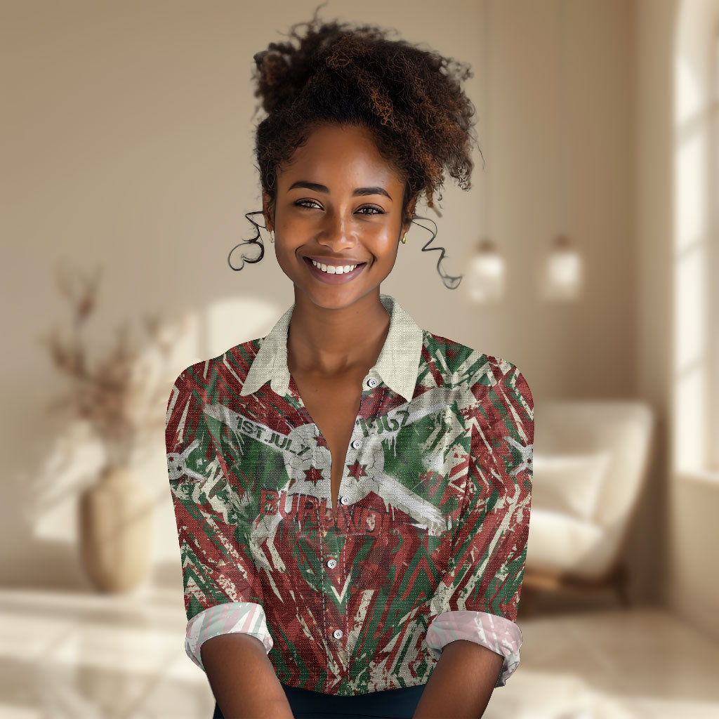 Burundi Independence Day Women Casual Shirt 1st July 1962 Distressed Grunge Flag Art - Broken Chains And Freedom Star