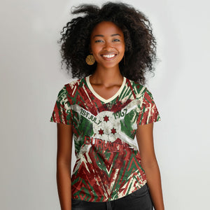 Burundi Independence Day Women V-Neck T-Shirt 1st July 1962 Distressed Grunge Flag Art - Broken Chains And Freedom Star