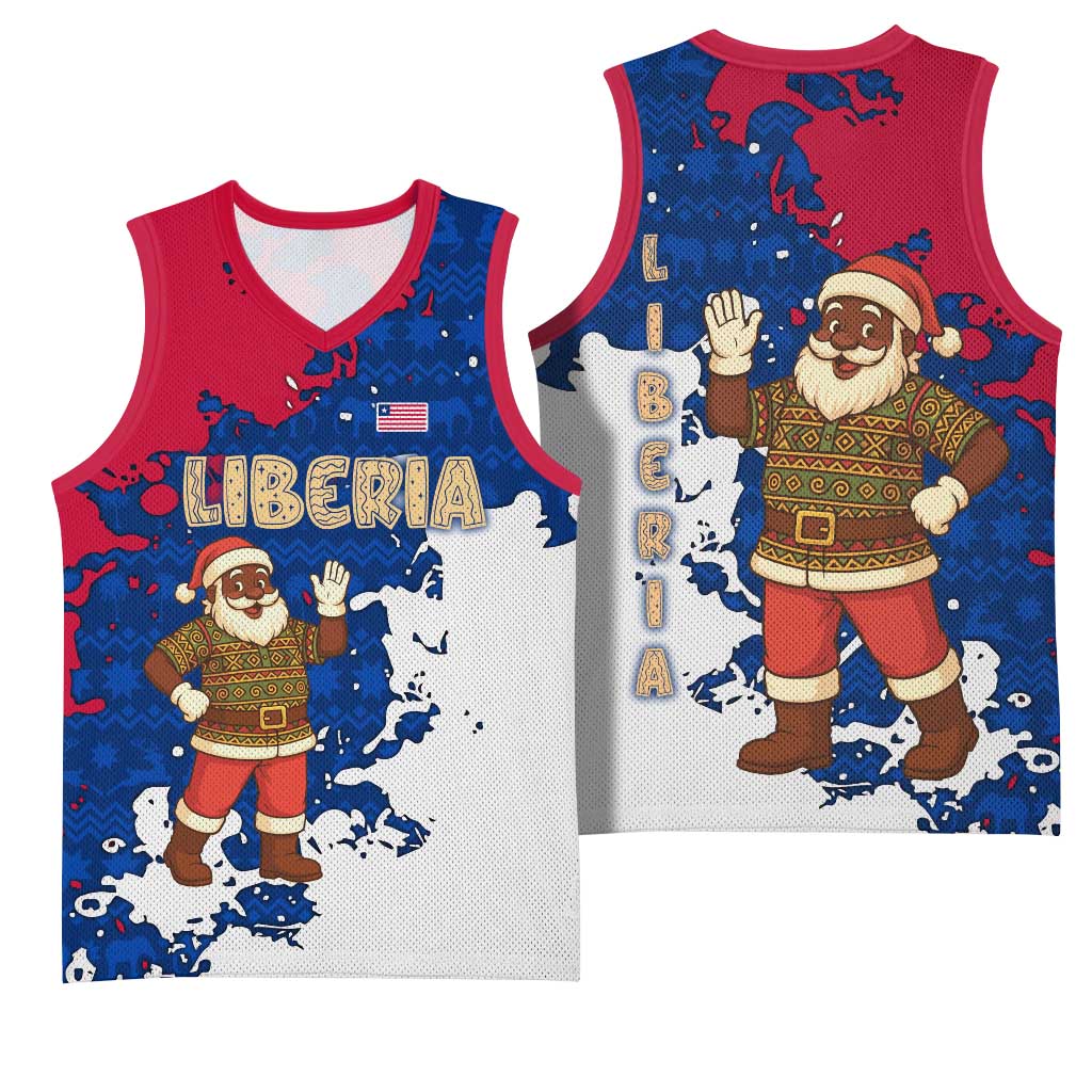 Liberia Christmas Basketball Jersey Santa Claus Map Graphic and Red Blue Festive TS04