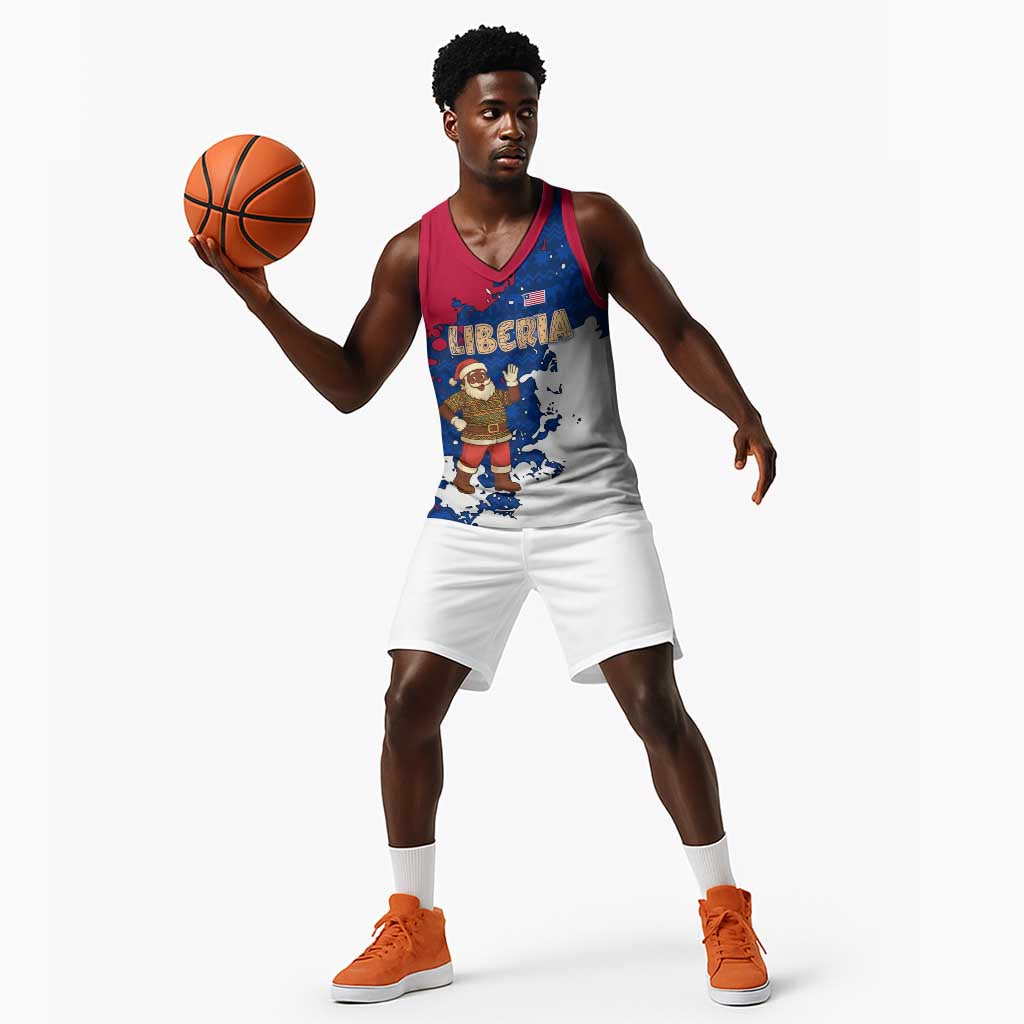 Liberia Christmas Basketball Jersey Santa Claus Map Graphic and Red Blue Festive TS04