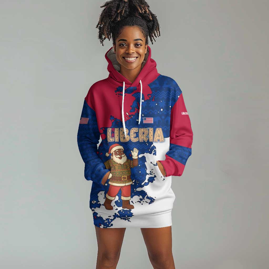 Liberia Christmas Hoodie Dress Santa Claus Map Graphic and Red Blue Festive - African Pride