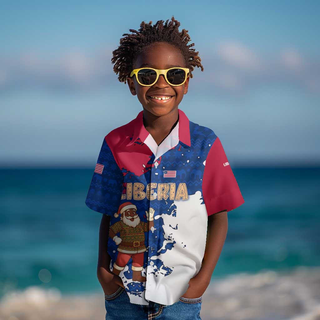 Liberia Christmas Kid Hawaiian Shirt Santa Claus Map Graphic and Red Blue Festive - African Pride