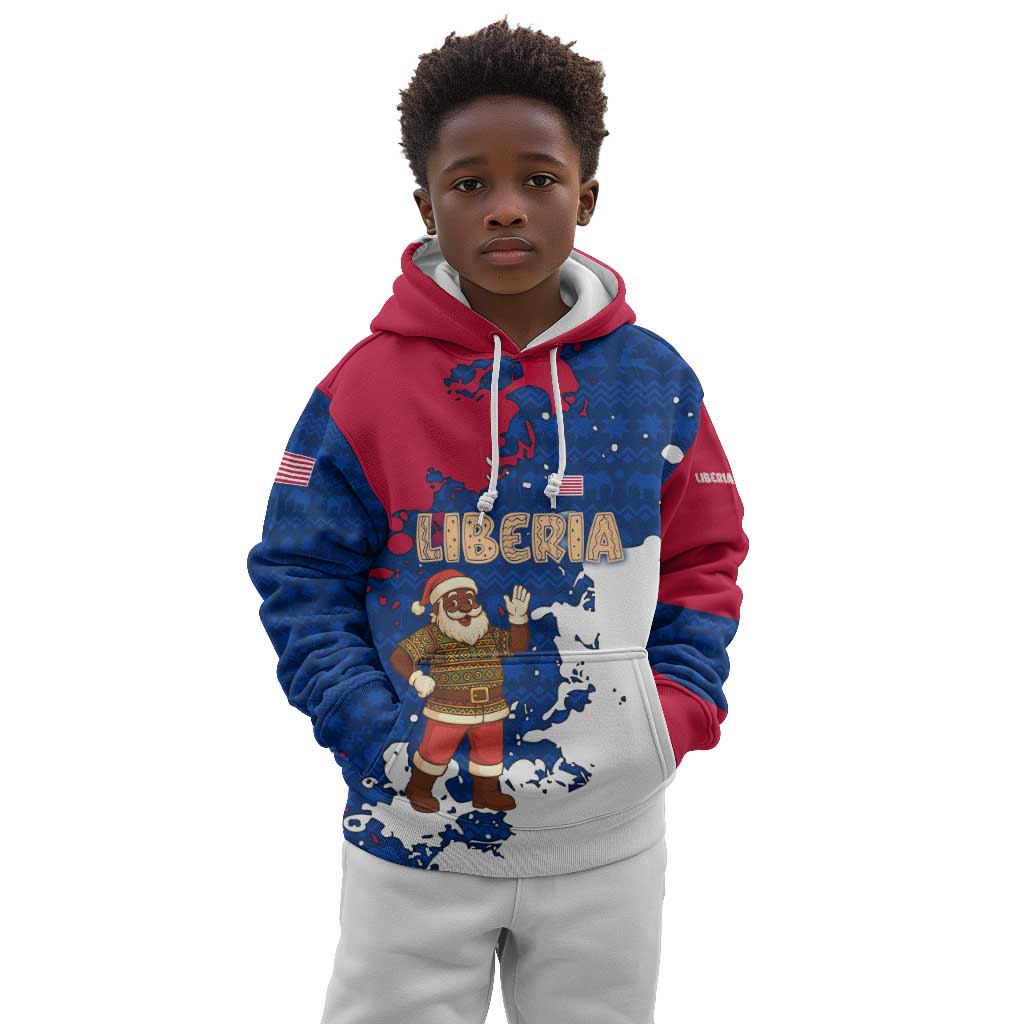 Liberia Christmas Kid Hoodie Santa Claus Map Graphic and Red Blue Festive - African Pride