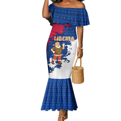 Liberia Christmas Mermaid Dress Santa Claus Map Graphic and Red Blue Festive - African Pride