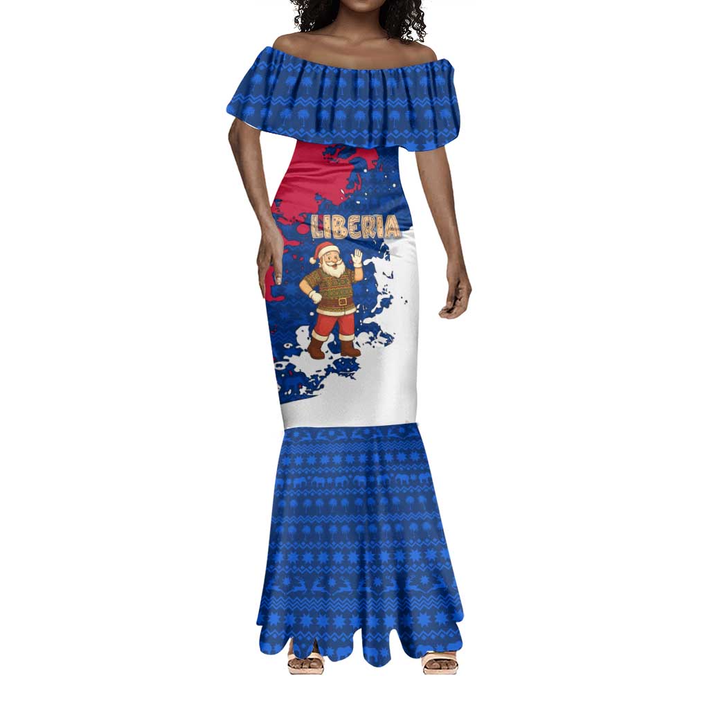 Liberia Christmas Mermaid Dress Santa Claus Map Graphic and Red Blue Festive - African Pride