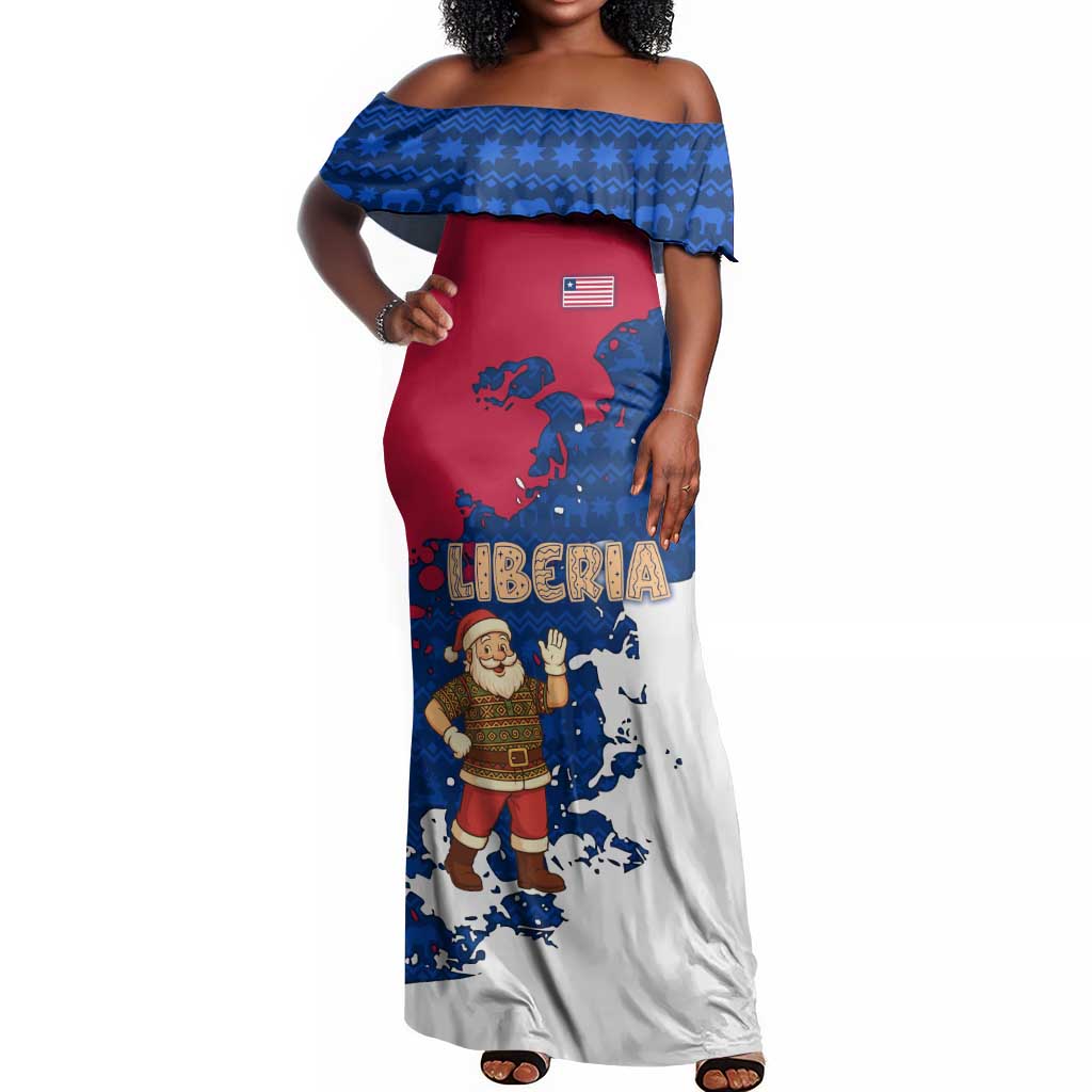 Liberia Christmas Off Shoulder Maxi Dress Santa Claus Map Graphic and Red Blue Festive - African Pride