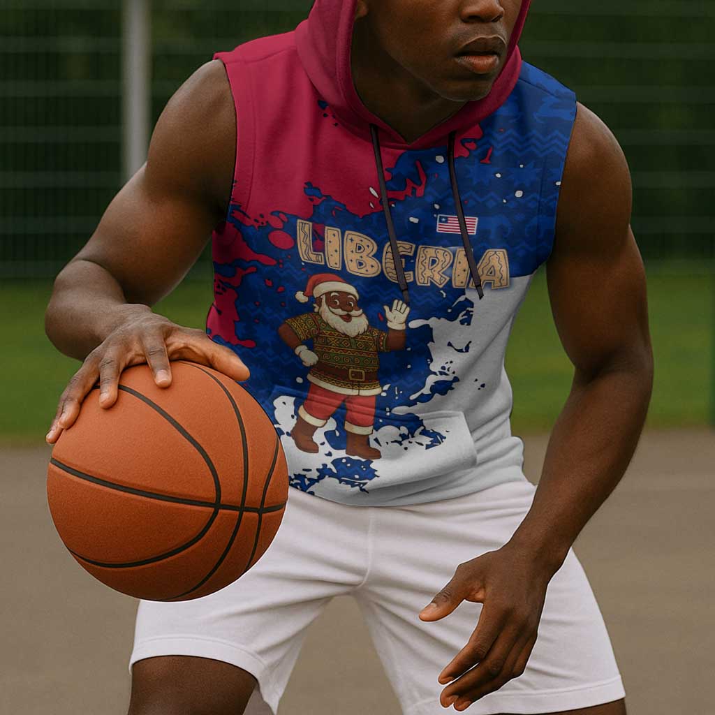 Liberia Christmas Sleeveless Hoodie Santa Claus Map Graphic and Red Blue Festive - African Pride