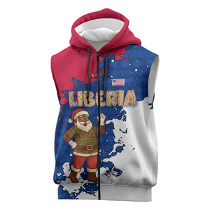 Liberia Christmas Sleeveless Zip Hoodie Santa Claus Map Graphic and Red Blue Festive - African Pride