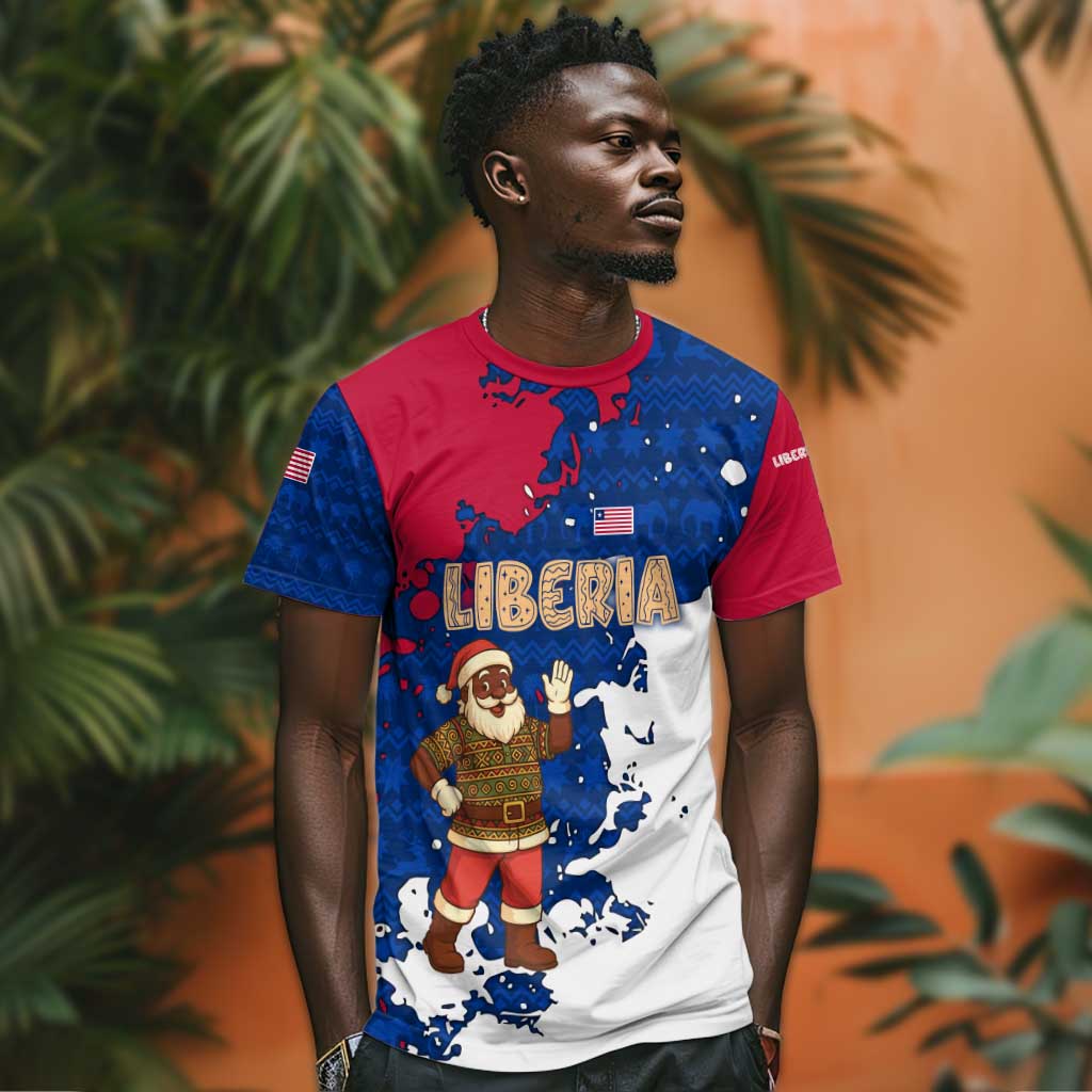 Liberia Christmas T shirt Santa Claus Map Graphic and Red Blue Festive - African Pride