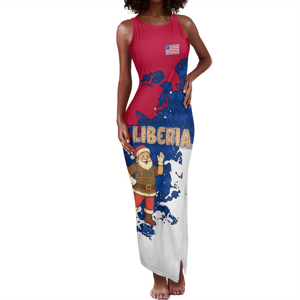 Liberia Christmas Tank Maxi Dress Santa Claus Map Graphic and Red Blue Festive - African Pride