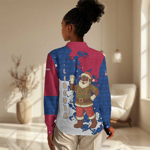Liberia Christmas Women Casual Shirt Santa Claus Map Graphic and Red Blue Festive - African Pride