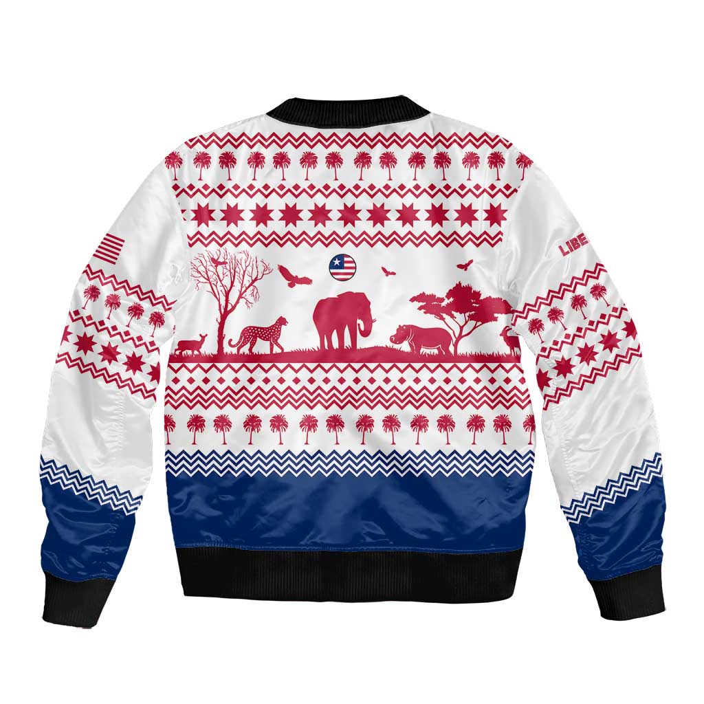 Liberia Christmas Bomber Jacket Red Wildlife Silhouettes and White Blue Holiday - African Pride