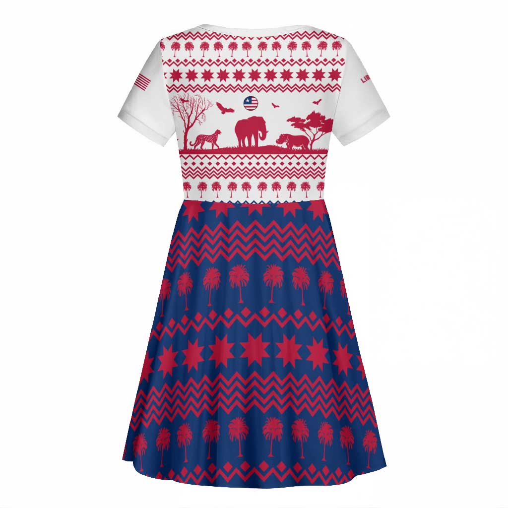 Liberia Christmas Kid Short Sleeve Dress Red Wildlife Silhouettes and White Blue Holiday - African Pride