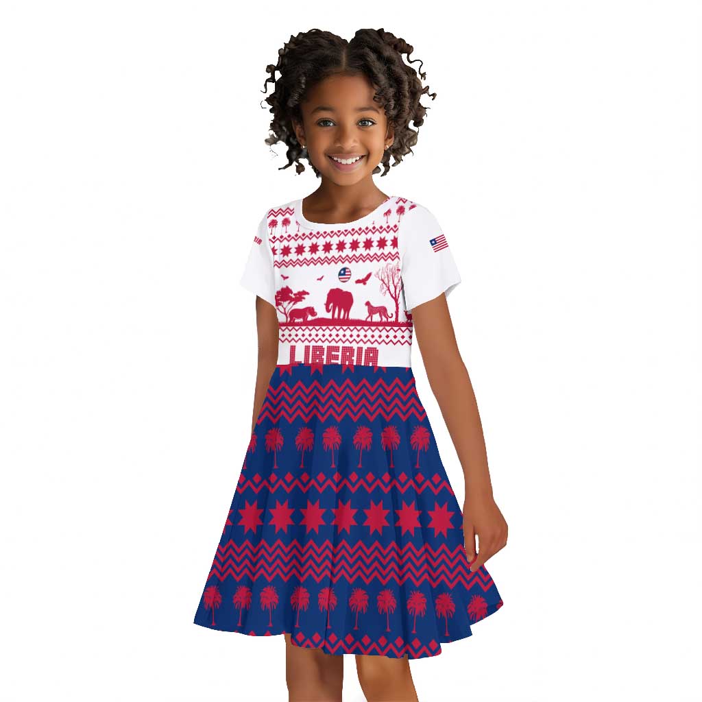 Liberia Christmas Kid Short Sleeve Dress Red Wildlife Silhouettes and White Blue Holiday - African Pride