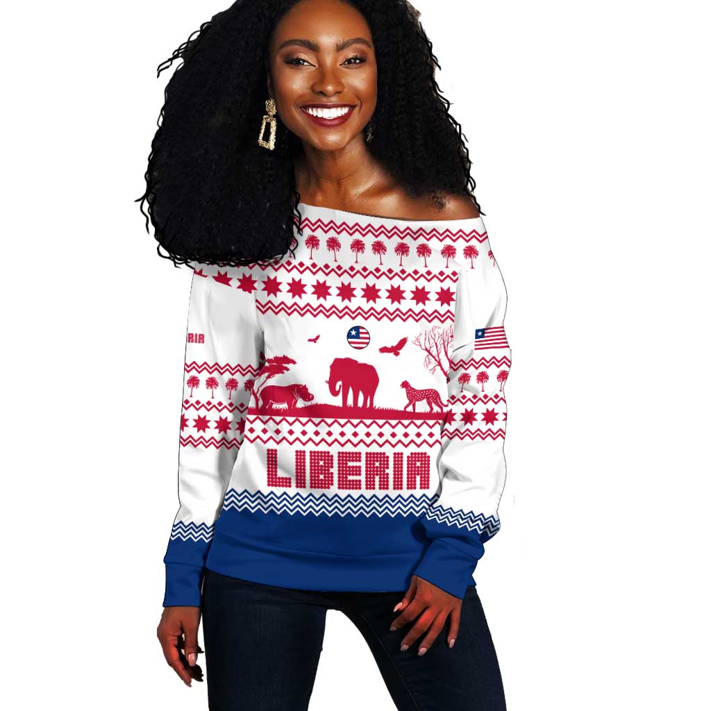 Liberia Christmas Off Shoulder Sweater Red Wildlife Silhouettes and White Blue Holiday - African Pride
