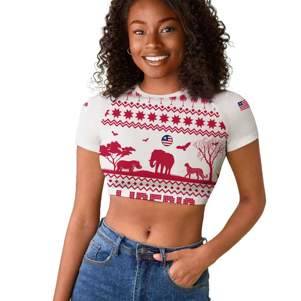 Liberia Christmas Raglan Cropped T shirt Red Wildlife Silhouettes and White Blue Holiday - African Pride