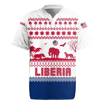 Liberia Christmas Rugby Jersey Red Wildlife Silhouettes and White Blue Holiday - African Pride