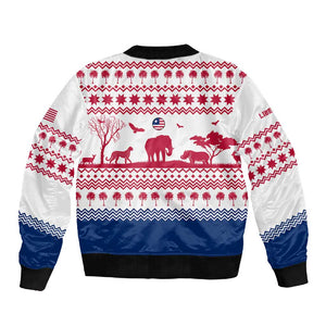Liberia Christmas Sleeve Zip Bomber Jacket Red Wildlife Silhouettes and White Blue Holiday - African Pride