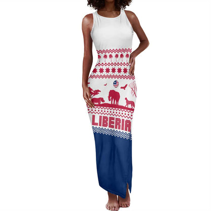 Liberia Christmas Tank Maxi Dress Red Wildlife Silhouettes and White Blue Holiday - African Pride