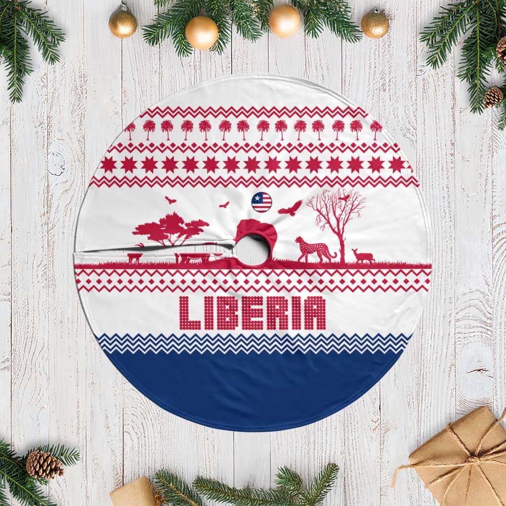 Liberia Christmas Tree Skirt Red Wildlife Silhouettes and White Blue Holiday - African Pride