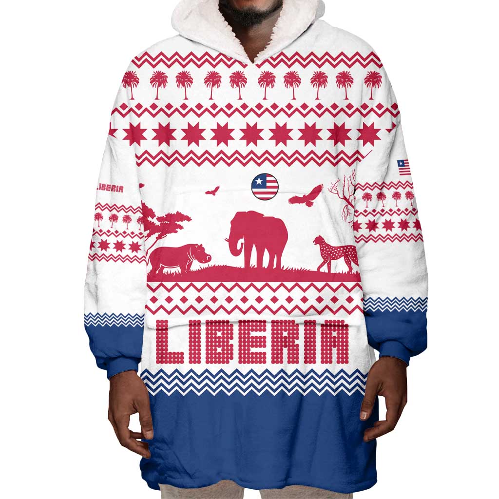 Liberia Christmas Wearable Blanket Hoodie Red Wildlife Silhouettes and White Blue Holiday - African Pride