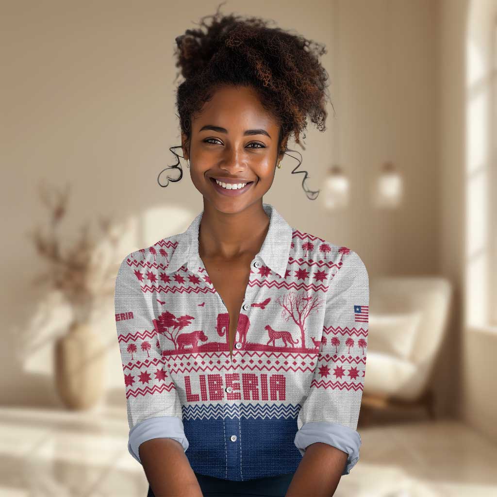 Liberia Christmas Women Casual Shirt Red Wildlife Silhouettes and White Blue Holiday - African Pride