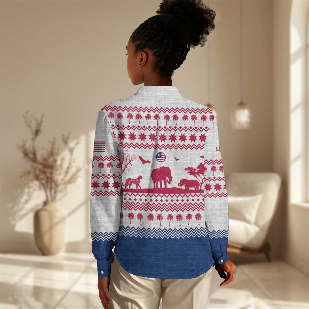 Liberia Christmas Women Casual Shirt Red Wildlife Silhouettes and White Blue Holiday - African Pride