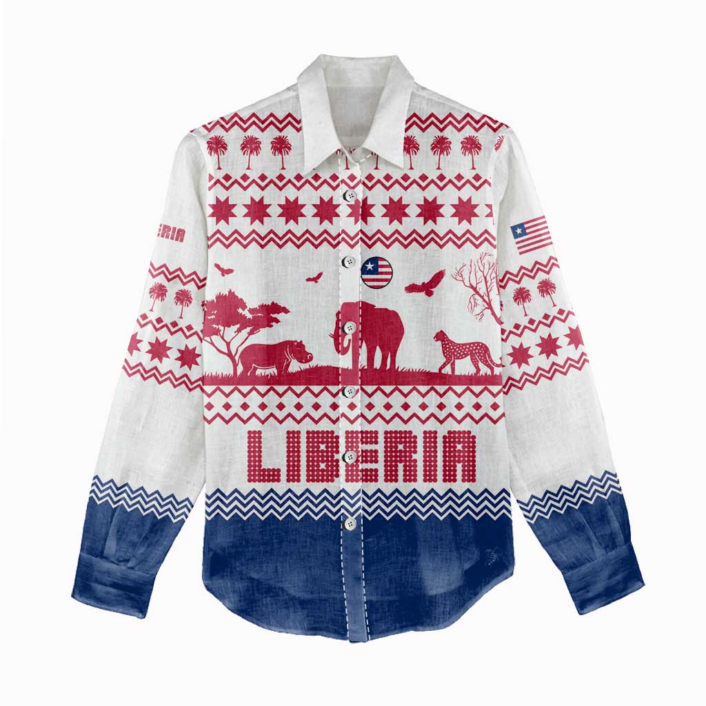 Liberia Christmas Women Casual Shirt Red Wildlife Silhouettes and White Blue Holiday - African Pride