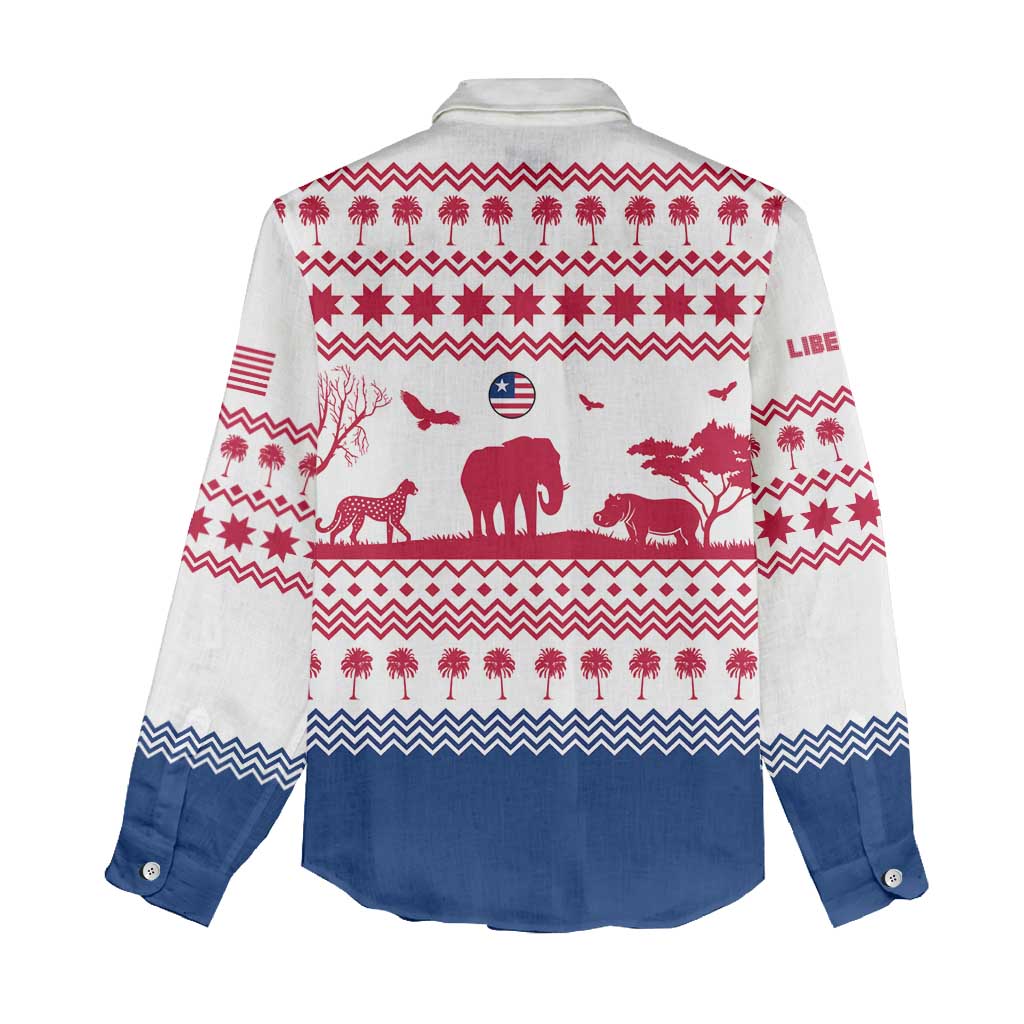 Liberia Christmas Women Casual Shirt Red Wildlife Silhouettes and White Blue Holiday - African Pride