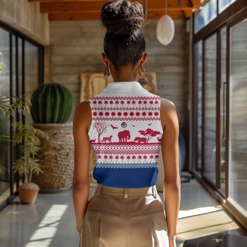 Liberia Christmas Women Sleeveless Polo Shirt Red Wildlife Silhouettes and White Blue Holiday - African Pride