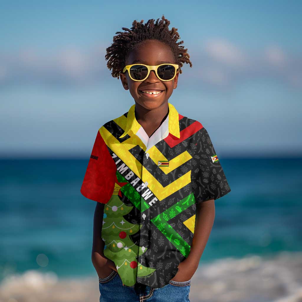 Zimbabwe Christmas Kid Hawaiian Shirt Flag Colors Xmas Tree and Holiday - African Pride