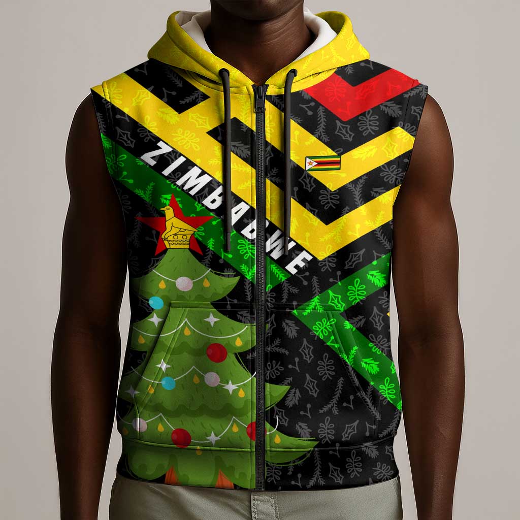 Zimbabwe Christmas Sleeveless Zip Hoodie Flag Colors Xmas Tree and Holiday - African Pride