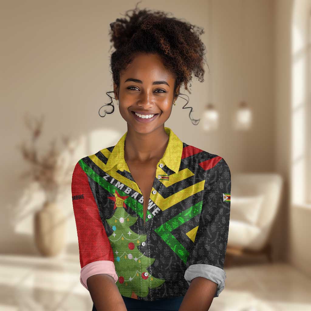 Zimbabwe Christmas Women Casual Shirt Flag Colors Xmas Tree and Holiday - African Pride