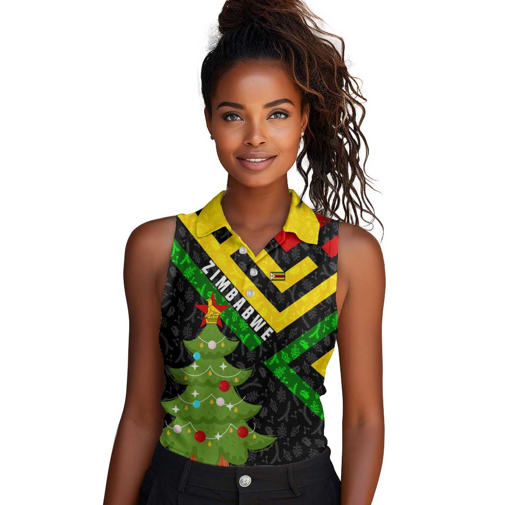 Zimbabwe Christmas Women Sleeveless Polo Shirt Flag Colors Xmas Tree and Holiday - African Pride
