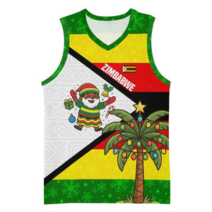 Zimbabwe Christmas Basketball Jersey Festive Santa Palm Tree and Red Yellow Green Flag TS04