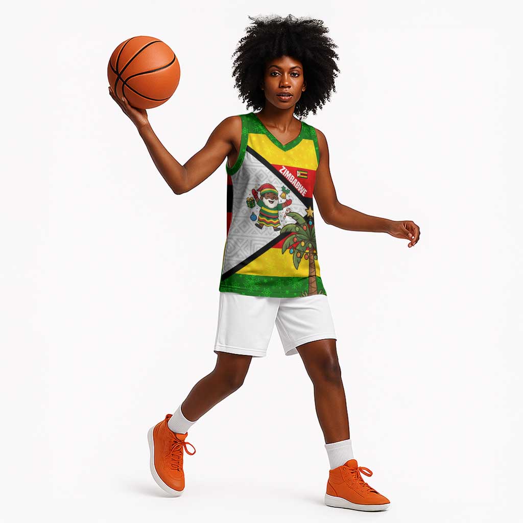 Zimbabwe Christmas Basketball Jersey Festive Santa Palm Tree and Red Yellow Green Flag TS04